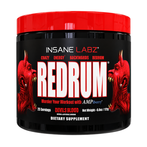 A black plastic tub of Insane Labz Redrum dietary supplement with a bright red lid and a black label featuring red devil illustrations and bold white text.