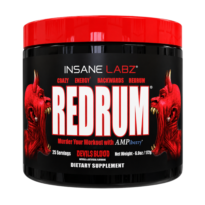 A black plastic tub of Insane Labz Redrum dietary supplement with a bright red lid and a black label featuring red devil illustrations and bold white text.