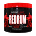 A black plastic tub of Insane Labz Redrum dietary supplement with a bright red lid and a black label featuring red devil illustrations and bold white text.