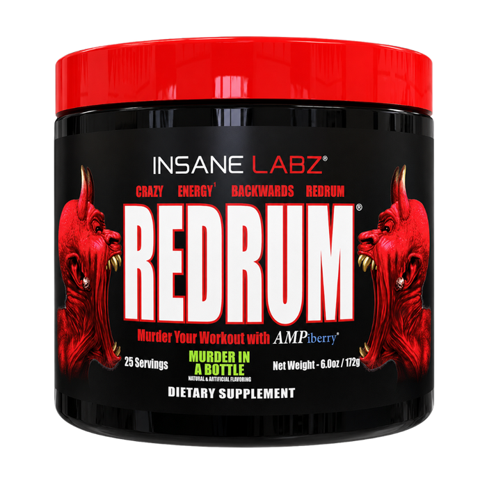 A black plastic tub of Insane Labz Redrum dietary supplement with a bright red lid and a black label featuring red devil illustrations and bold white text.