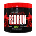 A black plastic tub of Insane Labz Redrum dietary supplement with a bright red lid and a black label featuring red devil illustrations and bold white text.