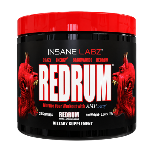 A black plastic tub of Insane Labz Redrum dietary supplement with a bright red lid and a black label featuring red devil illustrations and bold white text.