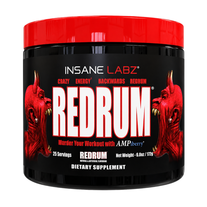 A black plastic tub of Insane Labz Redrum dietary supplement with a bright red lid and a black label featuring red devil illustrations and bold white text.