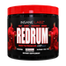 A black plastic tub of Insane Labz Redrum dietary supplement with a bright red lid and a black label featuring red devil illustrations and bold white text.