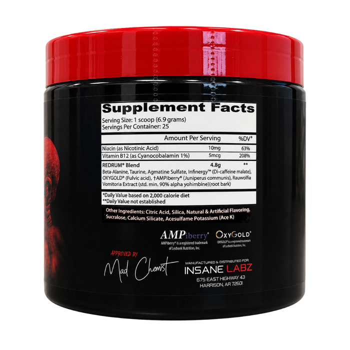 A black plastic tub of INSANE LABZ REEDMURF Blend dietary supplement with a bright red lid, shown against a plain white background.