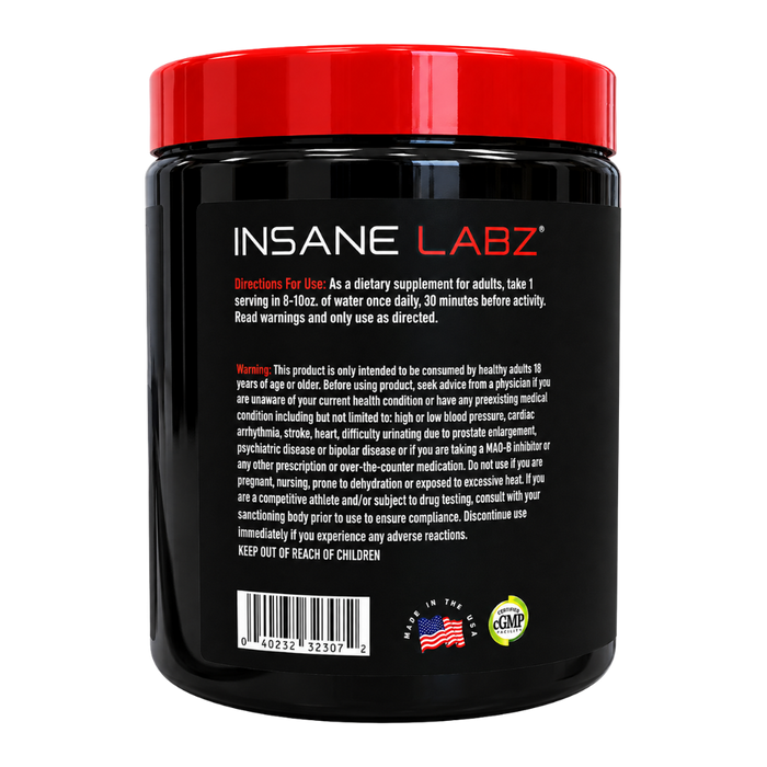  Insane Labz Creatine 60 Servings directions for use and warnings listed on the back of the tub in a white background.