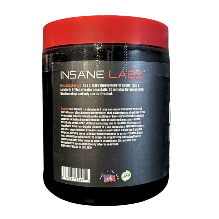 Back view of a supplement container with 'Insane Labz' branding on a white background