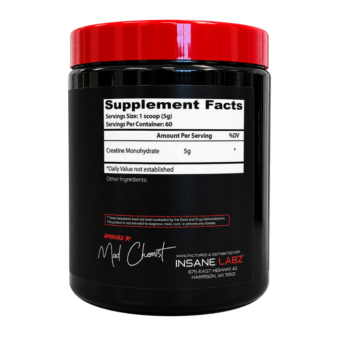  Insane Labz Creatine 60 Servings supplement facts listed on the side of the tub on a white background.