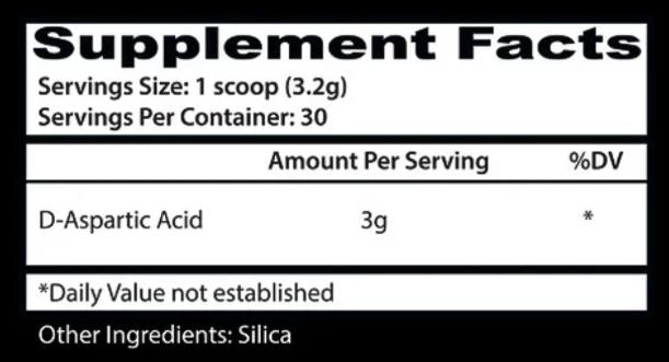 Supplement facts label with D-Aspartic Acid and Silica on a black background