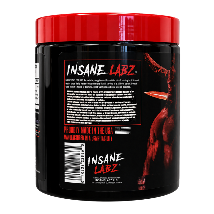 A black plastic tub of INSANE LABZ dietary supplement with a bright red lid, showing the back label with product details, a barcode, and a muscular graphic on a white background.