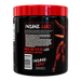 A black plastic tub of INSANE LABZ dietary supplement with a bright red lid, showing the back label with product details, a barcode, and a muscular graphic on a white background.