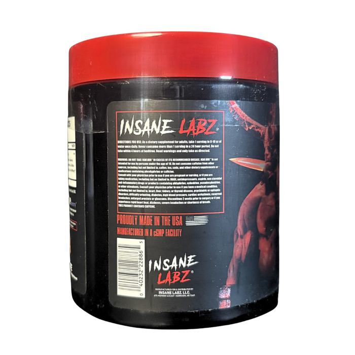 Back view of a supplement container with 'Insane Labz' branding on a white background