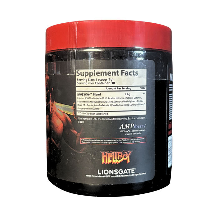 Supplement container with red lid and visible 'Hellboy' branding on a white background