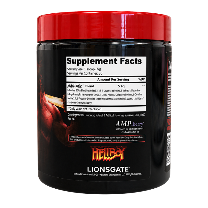 A black plastic tub of AMPberry Hellboy Lionsgate supplement powder with a bright red lid, shown against a plain white background.