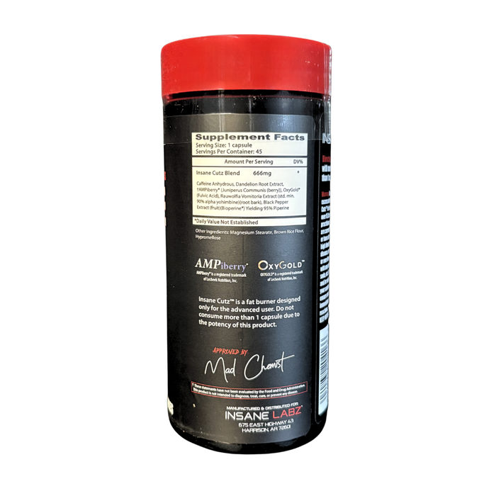 Supplement container with red lid and black body on a white background