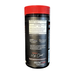 Supplement container with red lid and black body on a white background