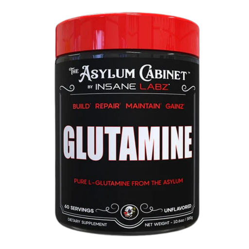 Supplement container labeled 'Glutamine' by The Asylum Cabinet on a white background