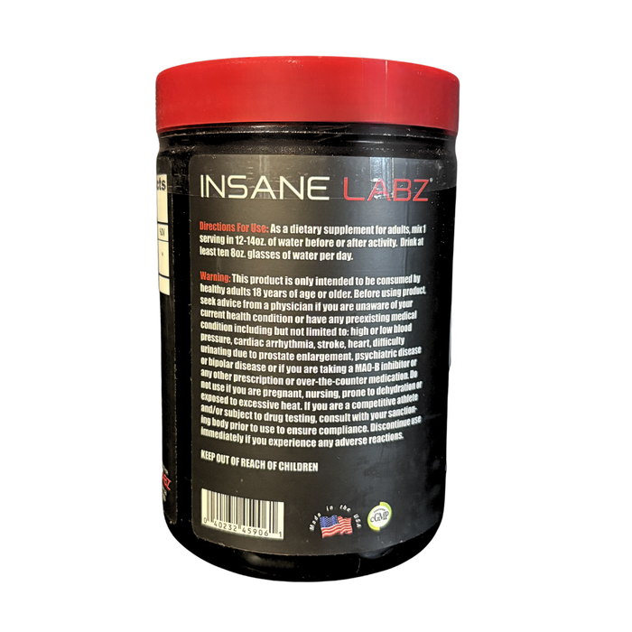 Black supplement container with red lid featuring 'Insane Labz' branding on a white background.
