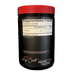 Black supplement container with red lid and visible label on a white background