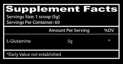 Supplement facts label with L-Glutamine content on a black background