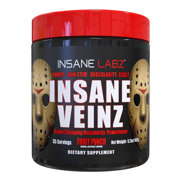 Insane Labz Insane Veinz supplement container with red lid on a white background