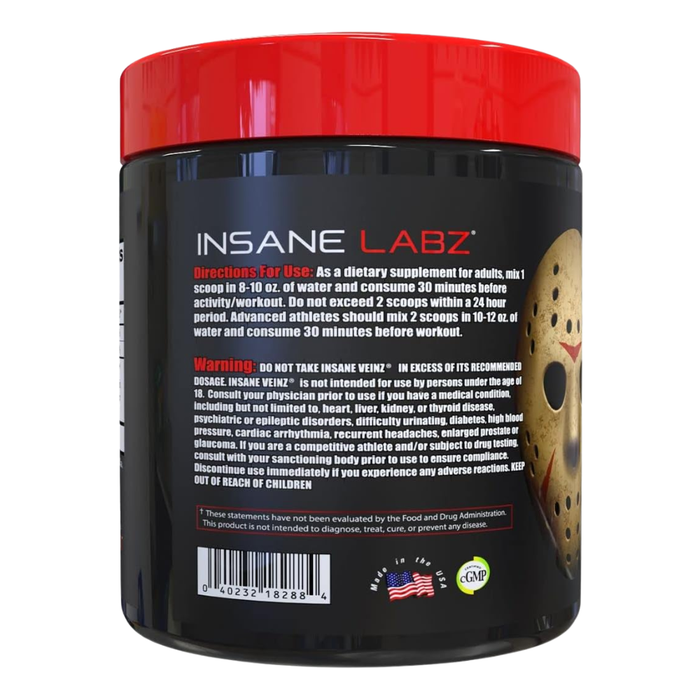 Back label of a supplement container with 'Insane Labz' branding and warning text.