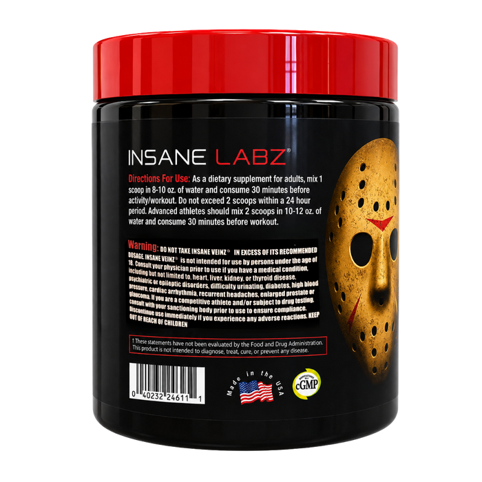 Supplement container labeled 'Insane Veinz' by Insane Labz with directions for use and warnings listed on the back of the tub on a white background.