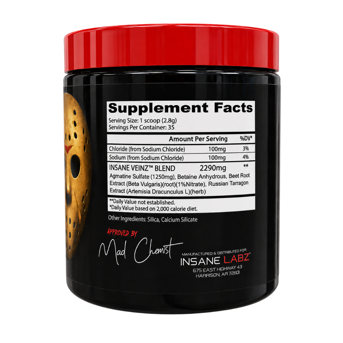 Supplement container labeled 'Insane Veinz' by Insane Labz with supplement facts on the side of the tub on a white background.
