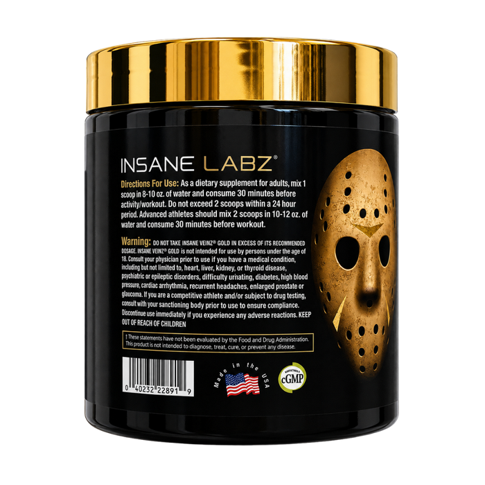 A black plastic supplement tub with a shiny gold lid for INSANE LABZ Insane Kratom powder. The label features a gold skull graphic and usage directions, alongside a 'GMP Certified' badge.