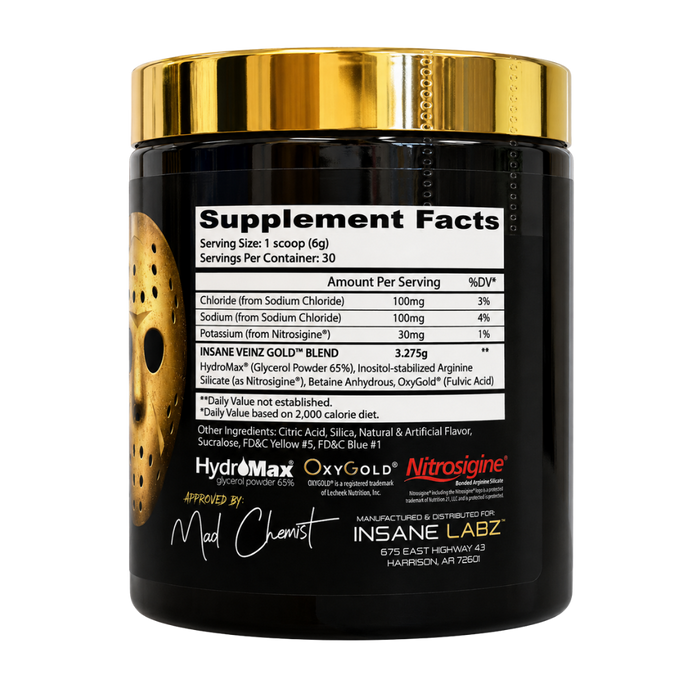 A black supplement tub with a shiny gold lid, showing the Supplement Facts label. The label includes branding for HydroMax, OxyGold, Nitrosigine, and the manufacturer Insane Labz.