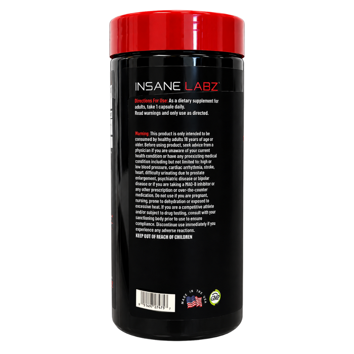 A black plastic bottle of INSANE LABZ dietary supplement with a bright red cap, showing the back side of the label with white text and a warning notice.