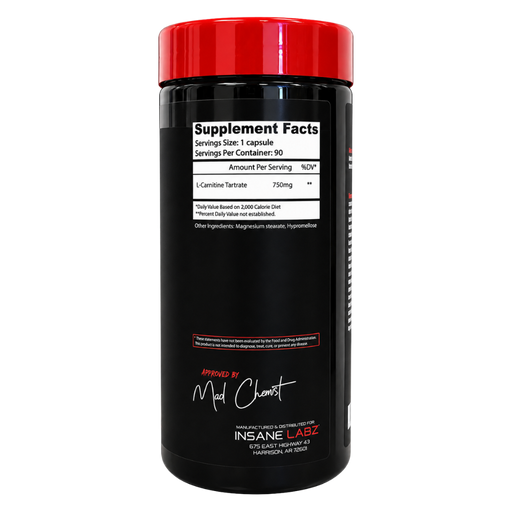 A black supplement bottle with a bright red cap, featuring a white supplement facts label and branding for INSANE LABZ by Mad Chemist, shown on a plain white background.
