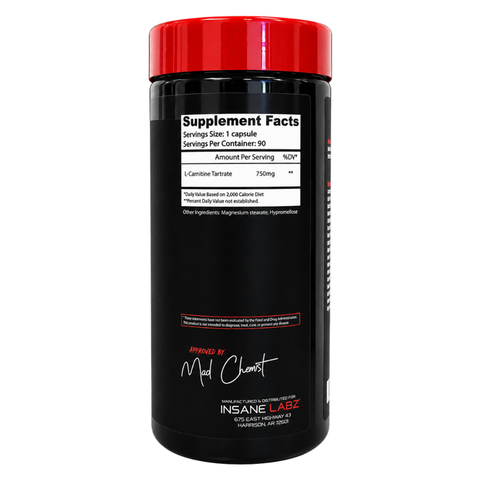 A black supplement bottle with a bright red cap, featuring a white supplement facts label and branding for INSANE LABZ by Mad Chemist, shown on a plain white background.