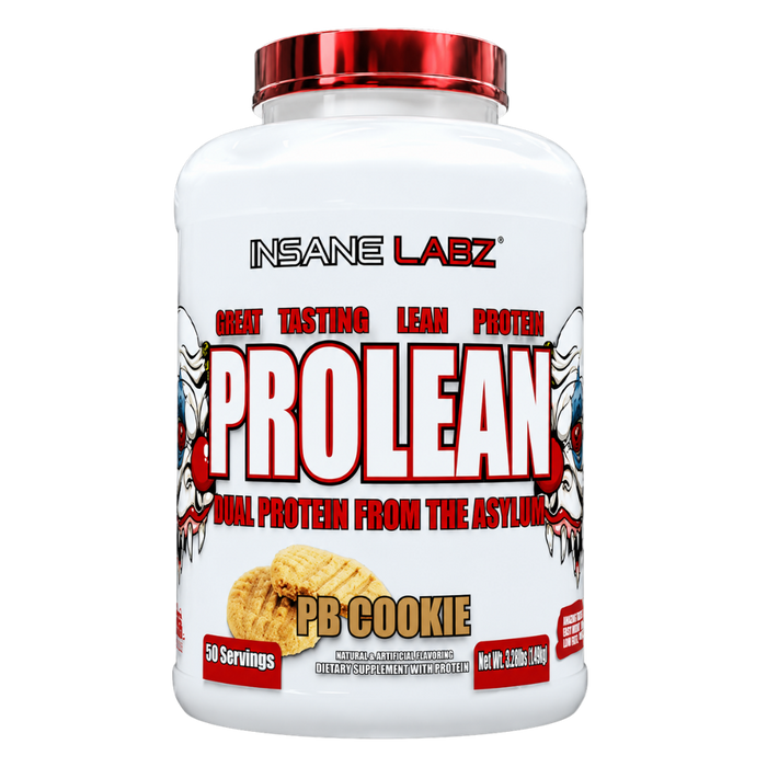 Protein powder container with 'Insane Labz' branding on a white background