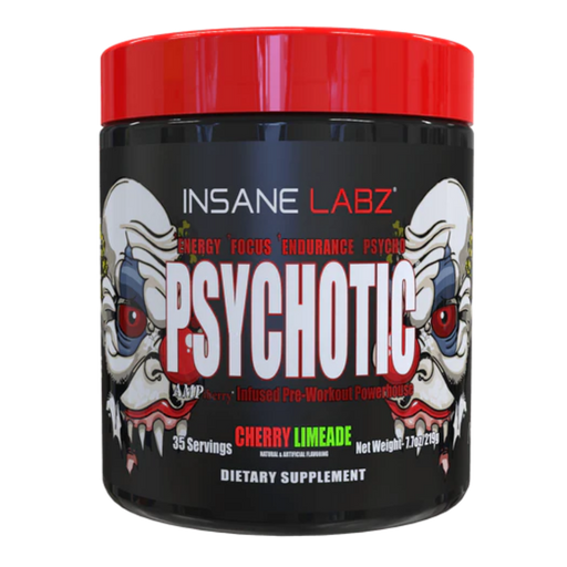 Insane Labz Psychotic dietary supplement container with red lid and clown graphics on a white background