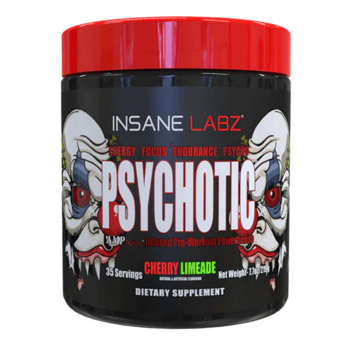 Insane Labz Psychotic dietary supplement container with red lid and clown graphics on a white background