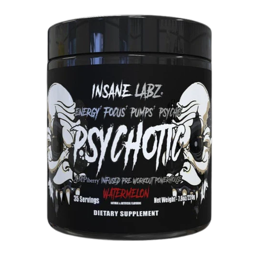 Black supplement container labeled 'Insane Labz Psychotic' with skull designs on a white background