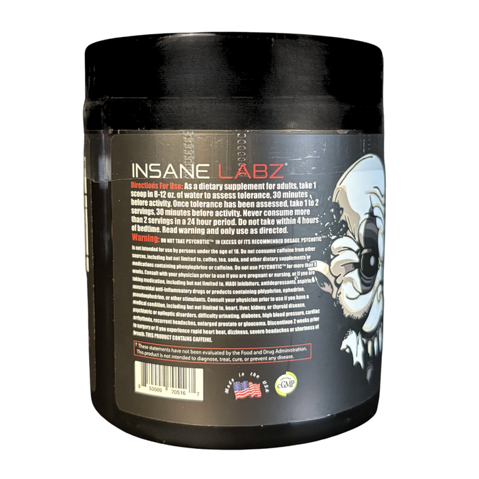 Back label of a supplement container with 'Insane Labz' branding on a white background