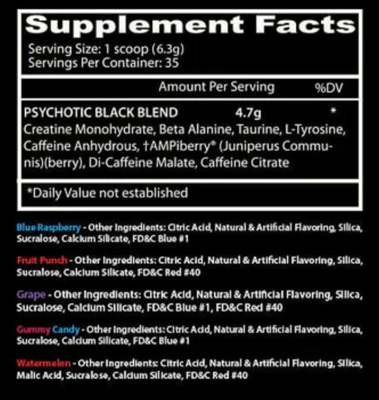 Supplement facts label for a product with various ingredients listed.