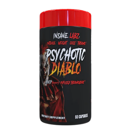 Supplement container labeled 'Psychotic Diablo' by Insane Labz on a white background