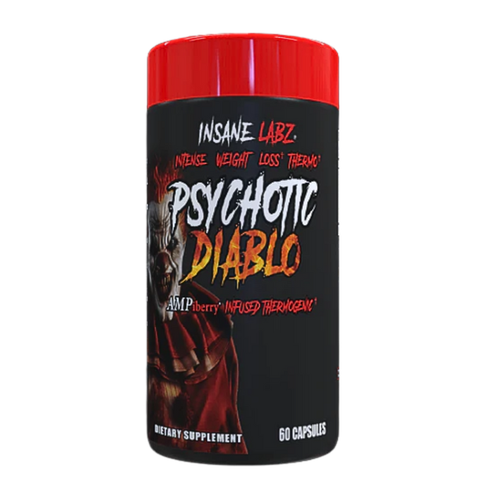 Supplement container labeled 'Psychotic Diablo' by Insane Labz on a white background