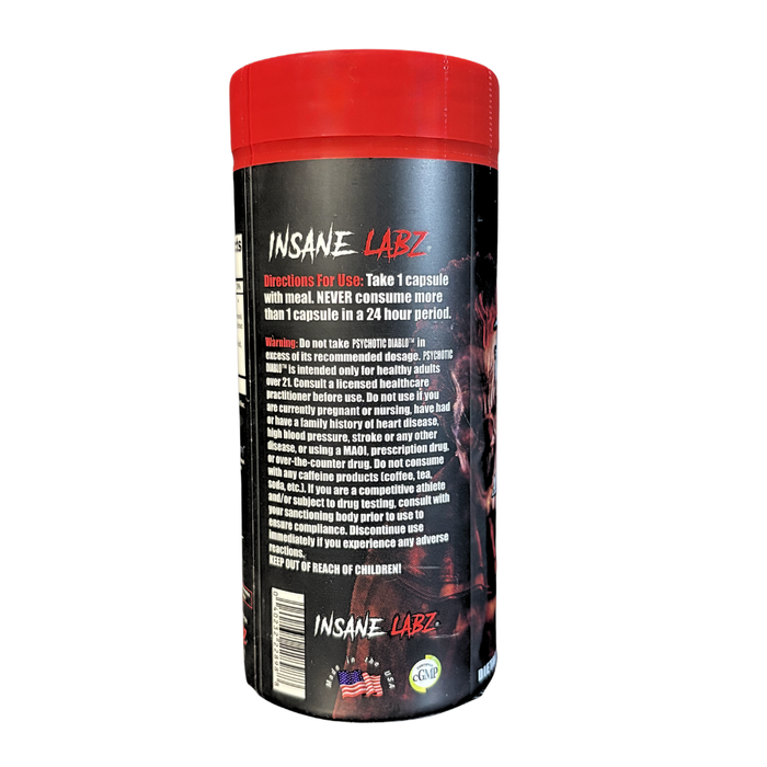 Back view of a supplement container with 'Insane Labz' branding on a white background