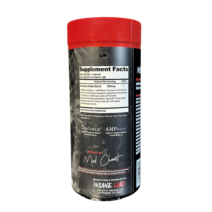 Supplement container with red lid and black label on a white background