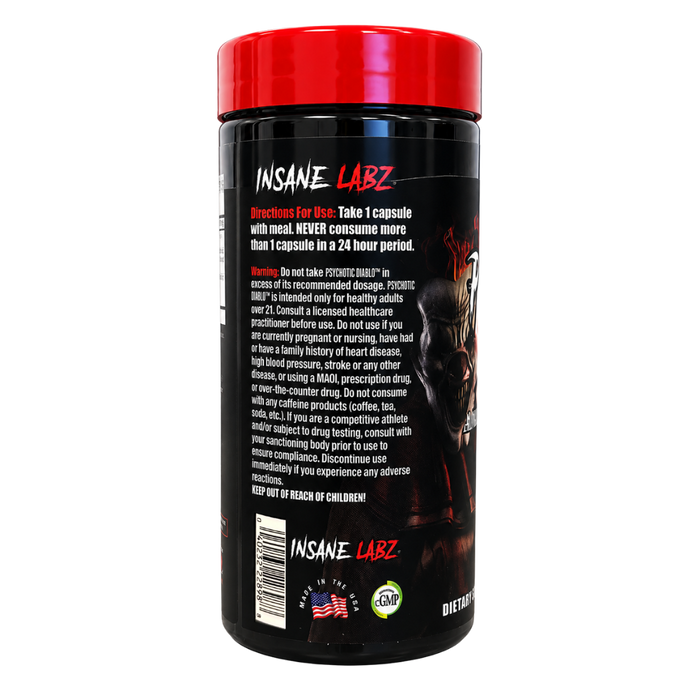 A black plastic supplement tub with a bright red lid, showing the back label of INSANE LABZ. The label features a dark design with a muscular man's face, product directions, warnings, and a barcode.