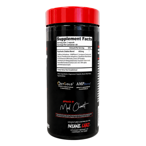 A black plastic bottle of Insane Labs Psychotic Diable Blend dietary supplement with a bright red lid, shown against a plain white background.