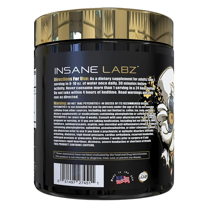 Back label of a supplement container with 'Insane Labz' branding and dietary supplement information.