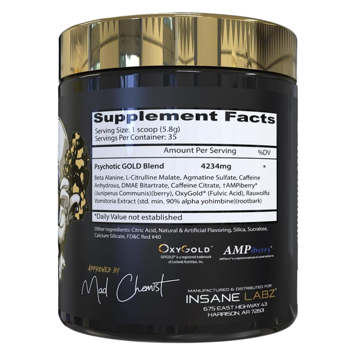 Supplement container with gold lid and black label displaying supplement facts.