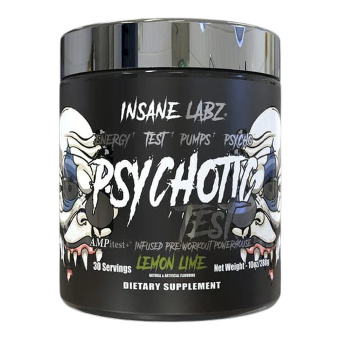 Supplement container labeled 'Insane Labz Psychotic Test' on a white background