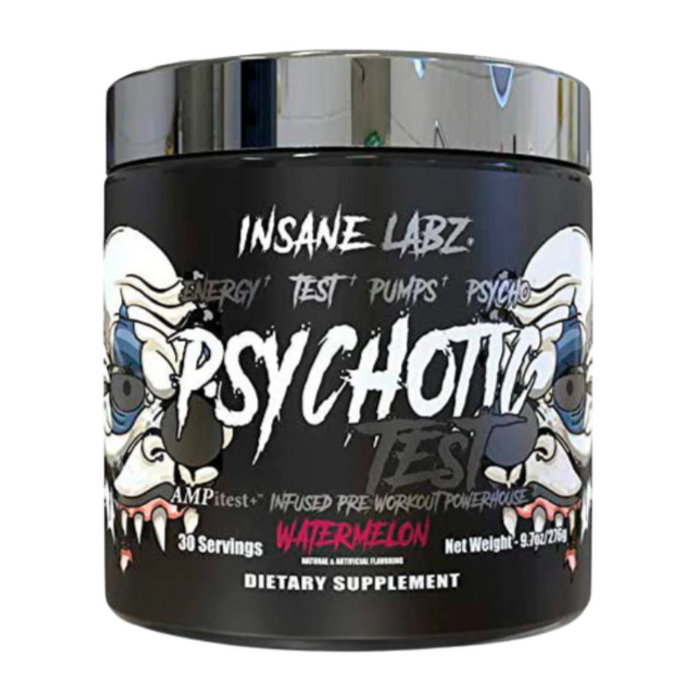 Supplement container labeled 'Psychotic Test' by Insane Labz on a white background