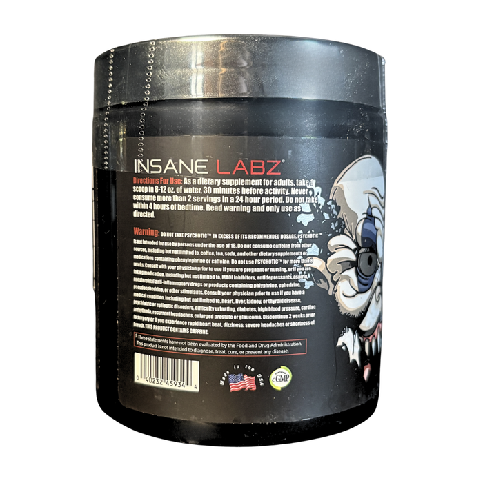 Back label of a supplement container with 'Insane Labz' branding and cartoon character on a white background.